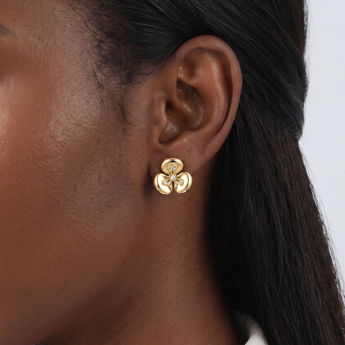 Three Petal Moissanite Flower Stud Earrings - Gold