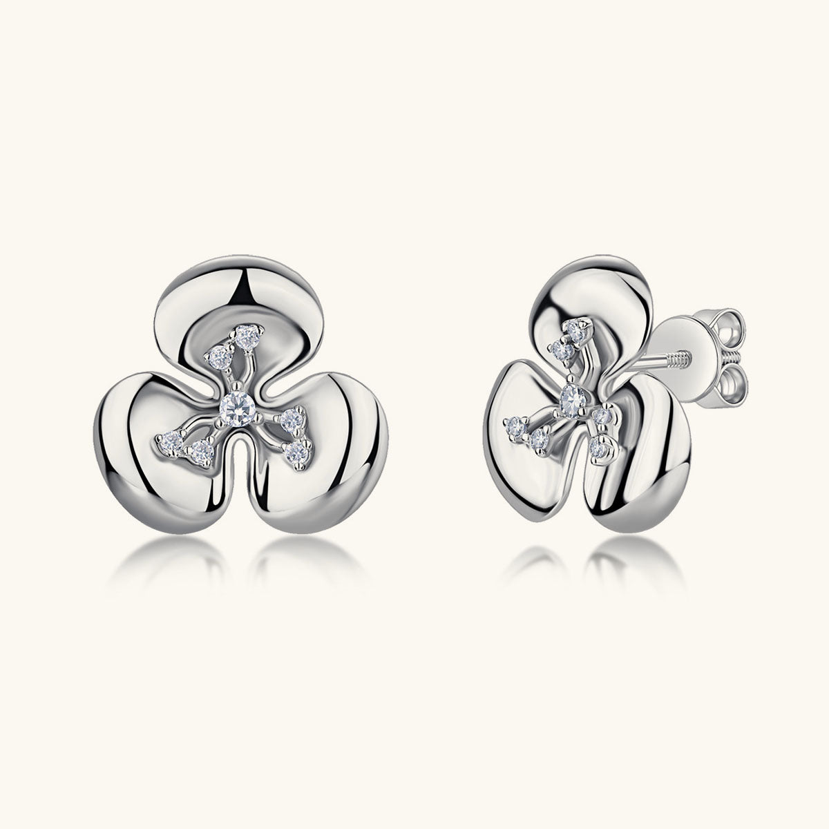 Three Petal Moissanite Flower Stud Earrings - Silver