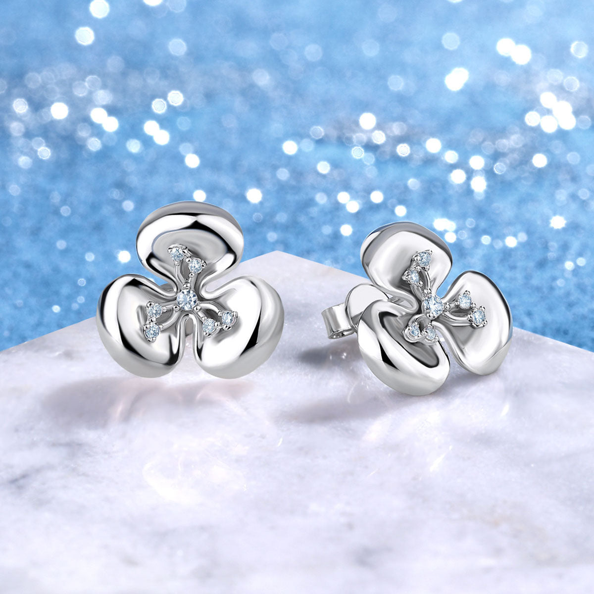 Three Petal Moissanite Flower Stud Earrings - Silver