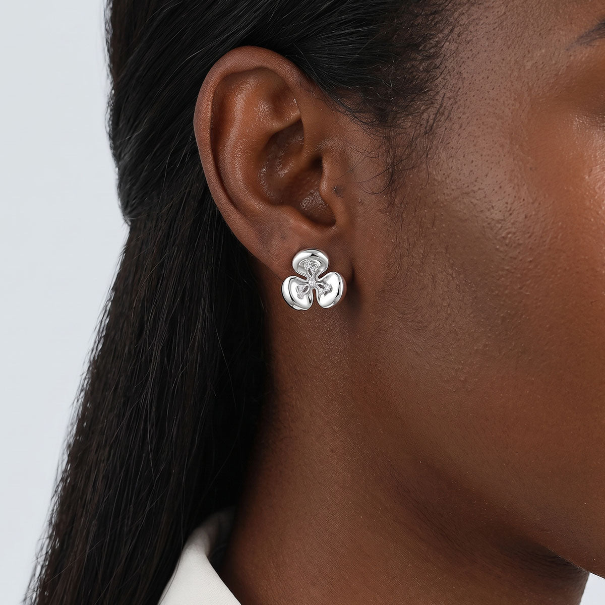 Three Petal Moissanite Flower Stud Earrings - Silver