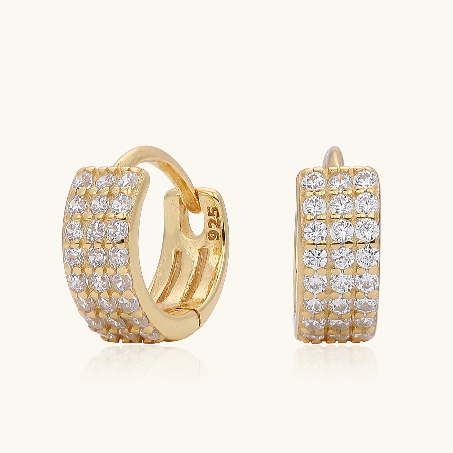 Three Row Half Eternity Huggie Hoop Earrings - Gold