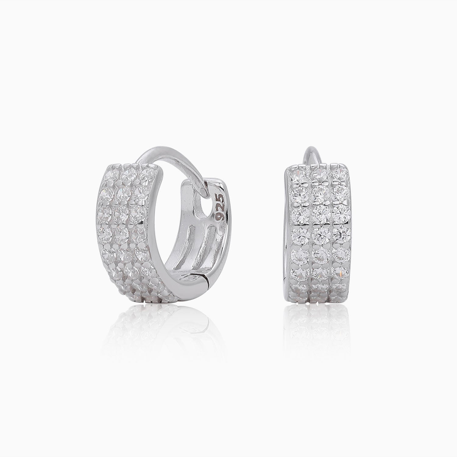 Three Row Half Eternity Huggie Hoop Earrings - Silver