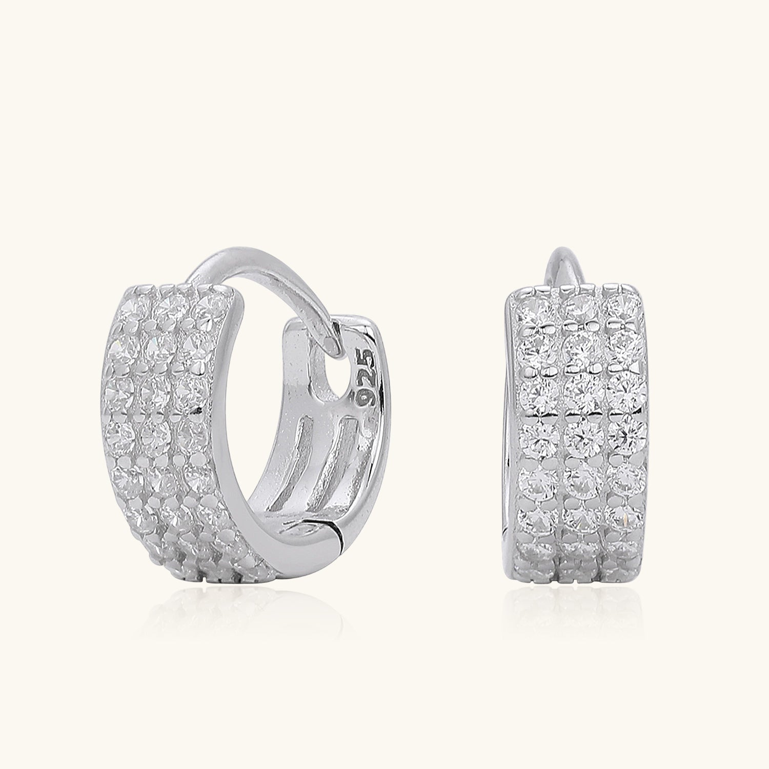 Three Row Half Eternity Huggie Hoop Earrings - Silver