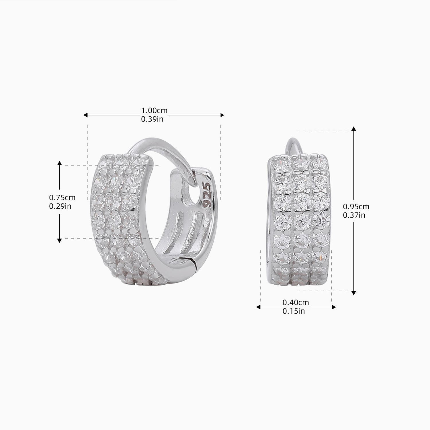 Three Row Half Eternity Huggie Hoop Earrings - Silver