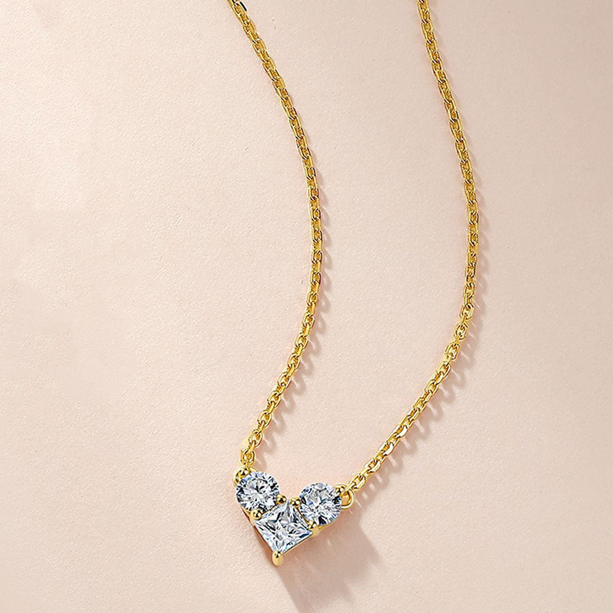 Three Stone Heart Moissanite Pendant Necklace - Gold