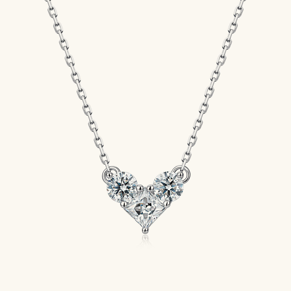 Three Stone Heart Moissanite Pendant Necklace - Silver