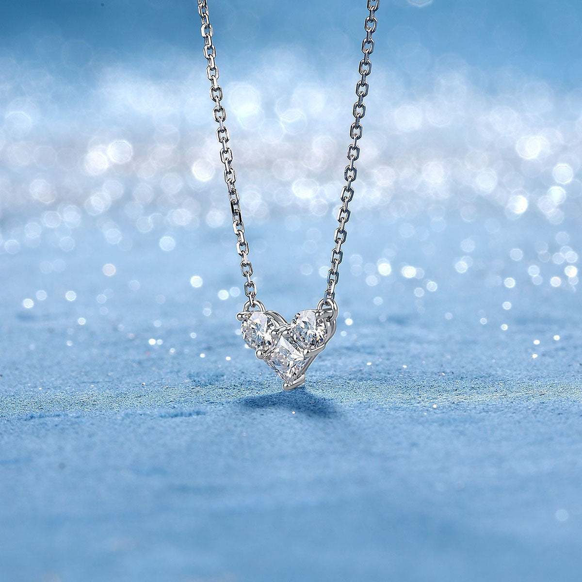 Three Stone Heart Moissanite Pendant Necklace - Silver