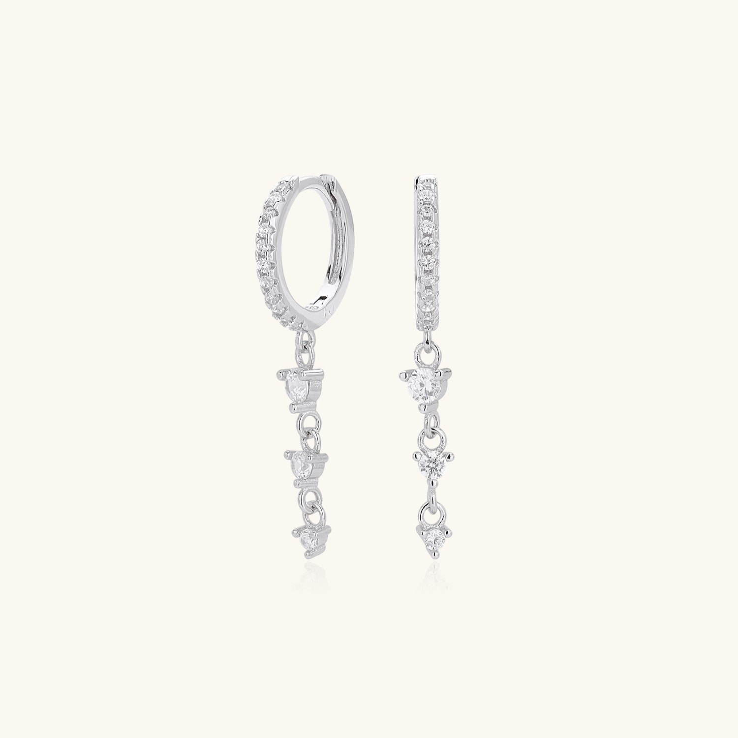 Three Stone Linear Drop Huggie Hoop Earrings - Silver