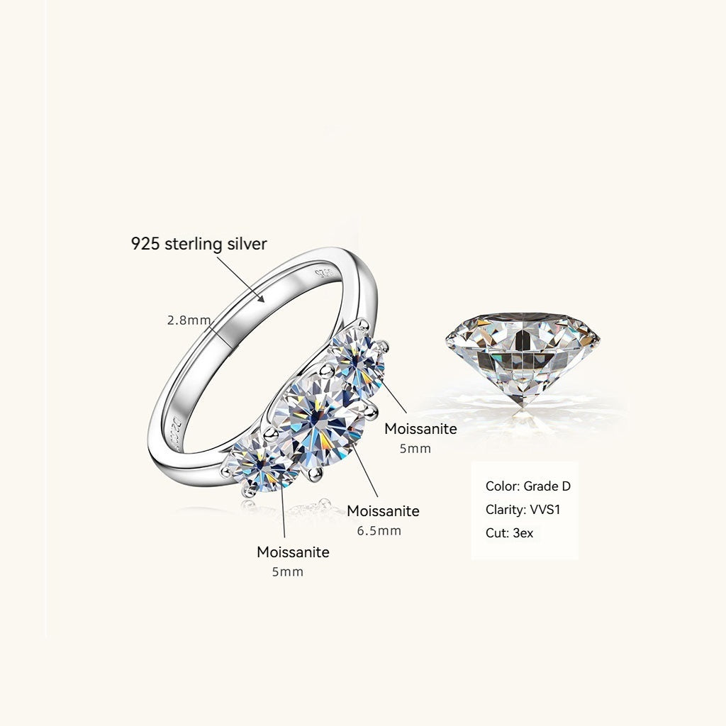 Three Stone Moissanite Ring - Silver