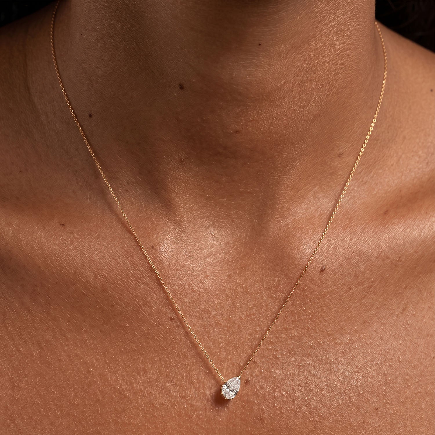 Tilted Pear Cut Diamond Solitaire Necklace - Gold