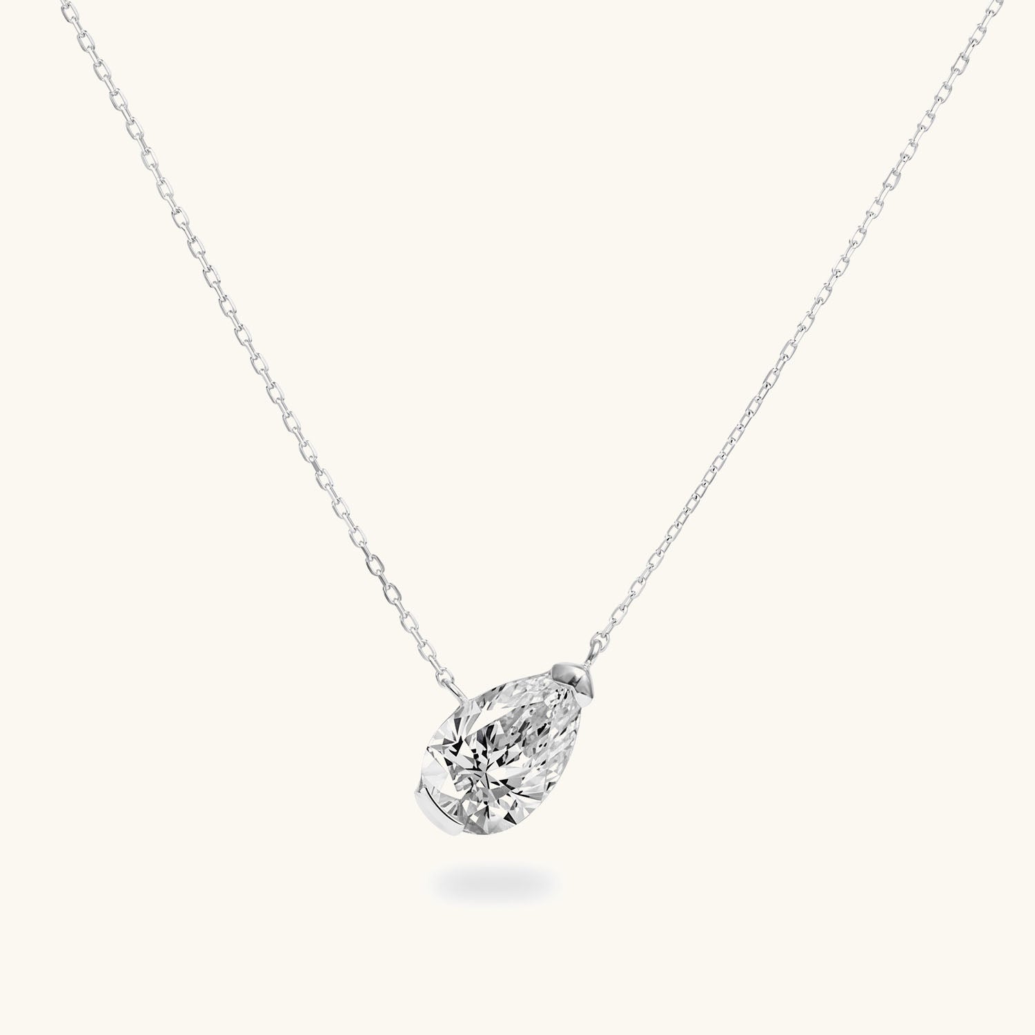Tilted Pear Cut Diamond Solitaire Necklace - Silver
