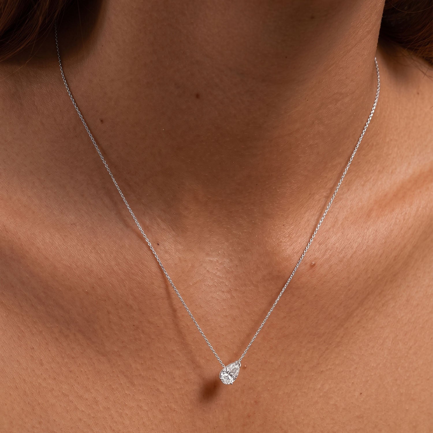 Tilted Pear Cut Diamond Solitaire Necklace - Silver