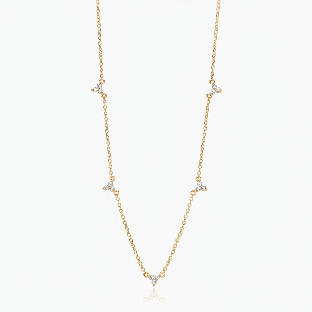 Trio Diamond Flower Station Necklace - Gold