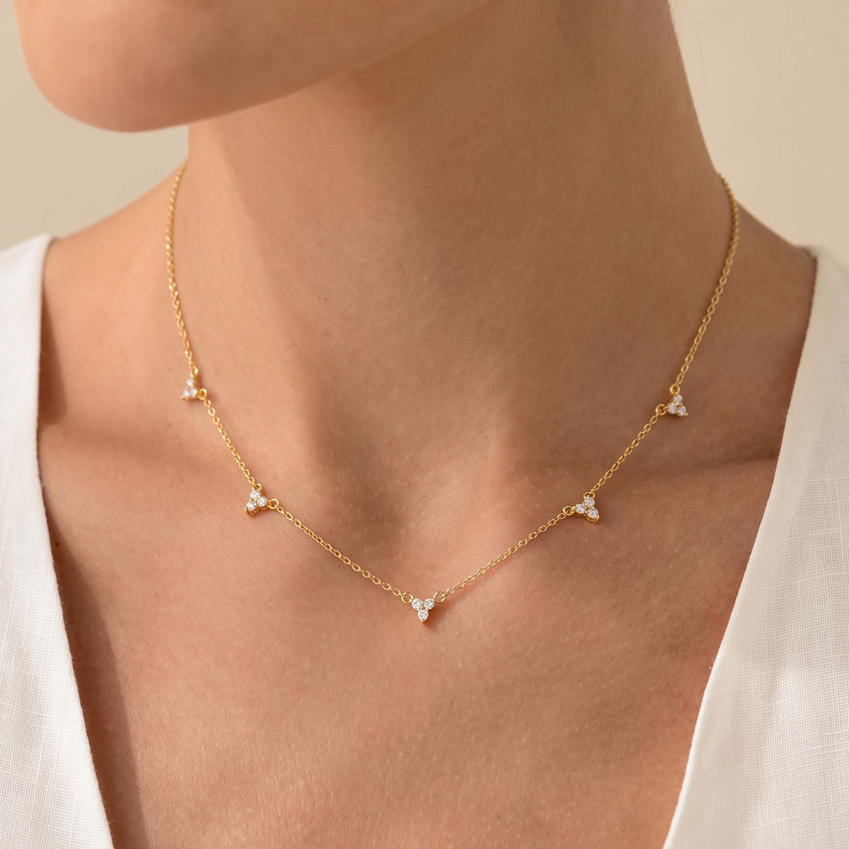 Trio Simulated Diamond Flower Station Necklace - Gold