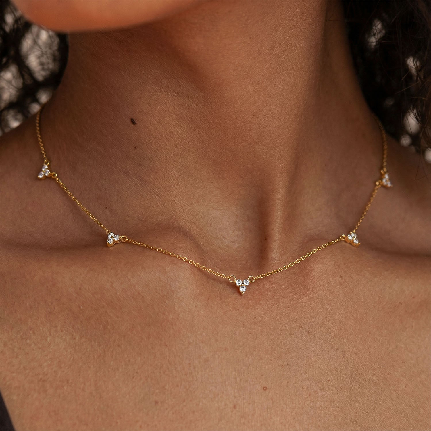 Trio Diamond Flower Station Necklace - Gold