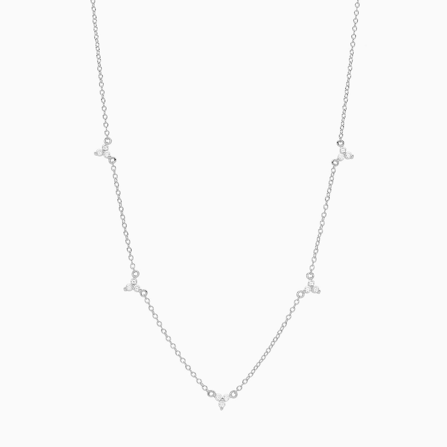 Trio Diamond Flower Station Necklace - Silver