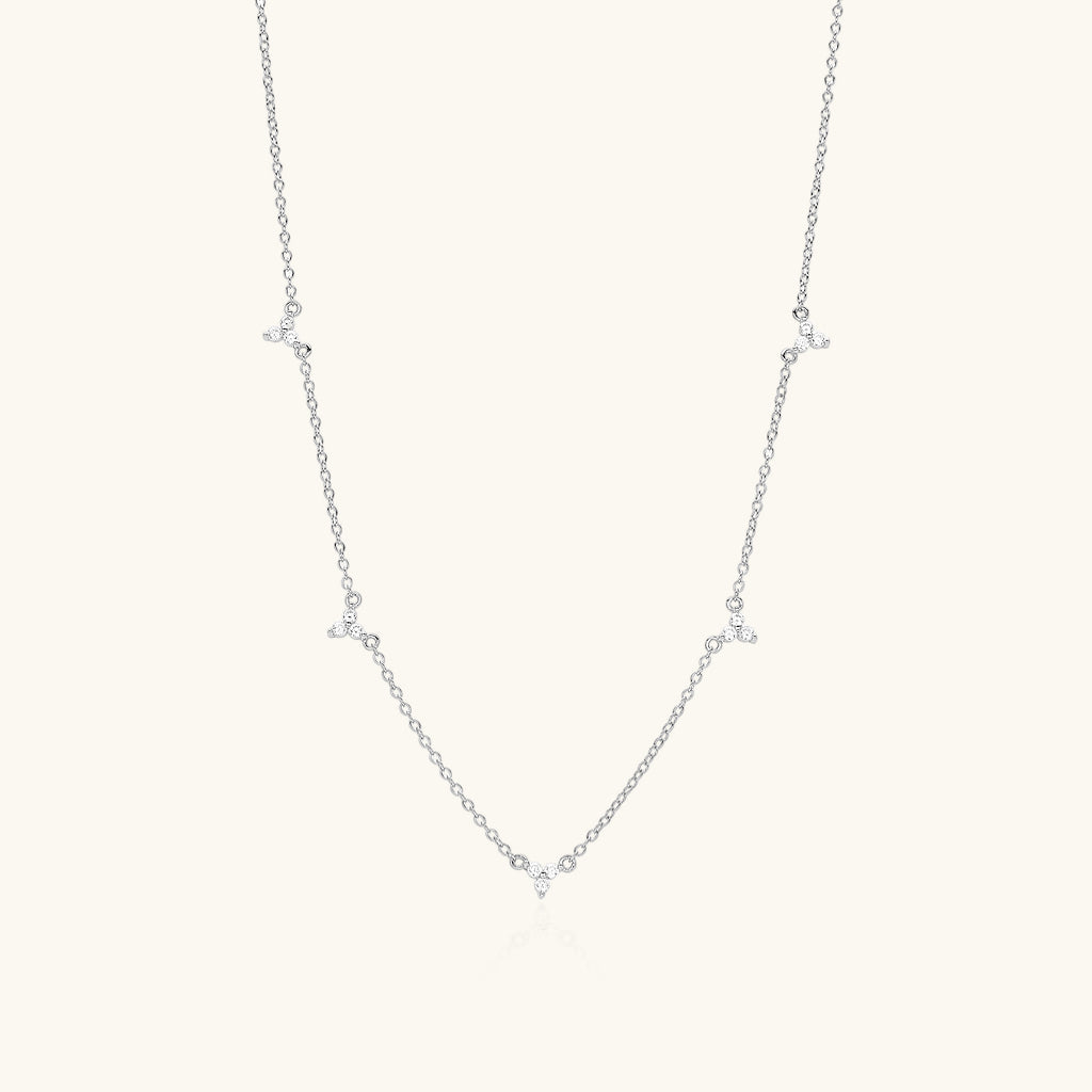 Trio Diamond Flower Station Necklace - Silver