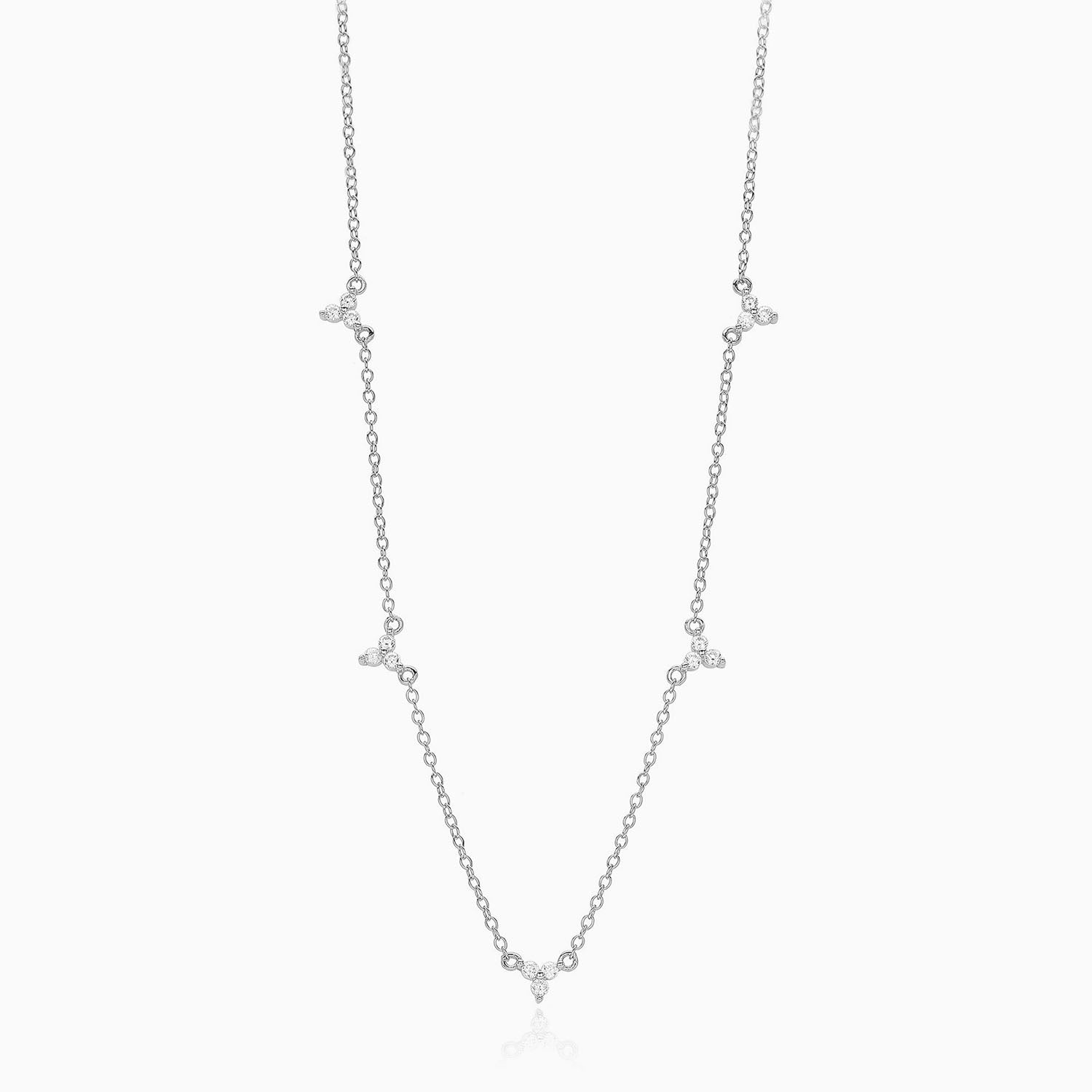 Trio Diamond Flower Station Necklace - Silver