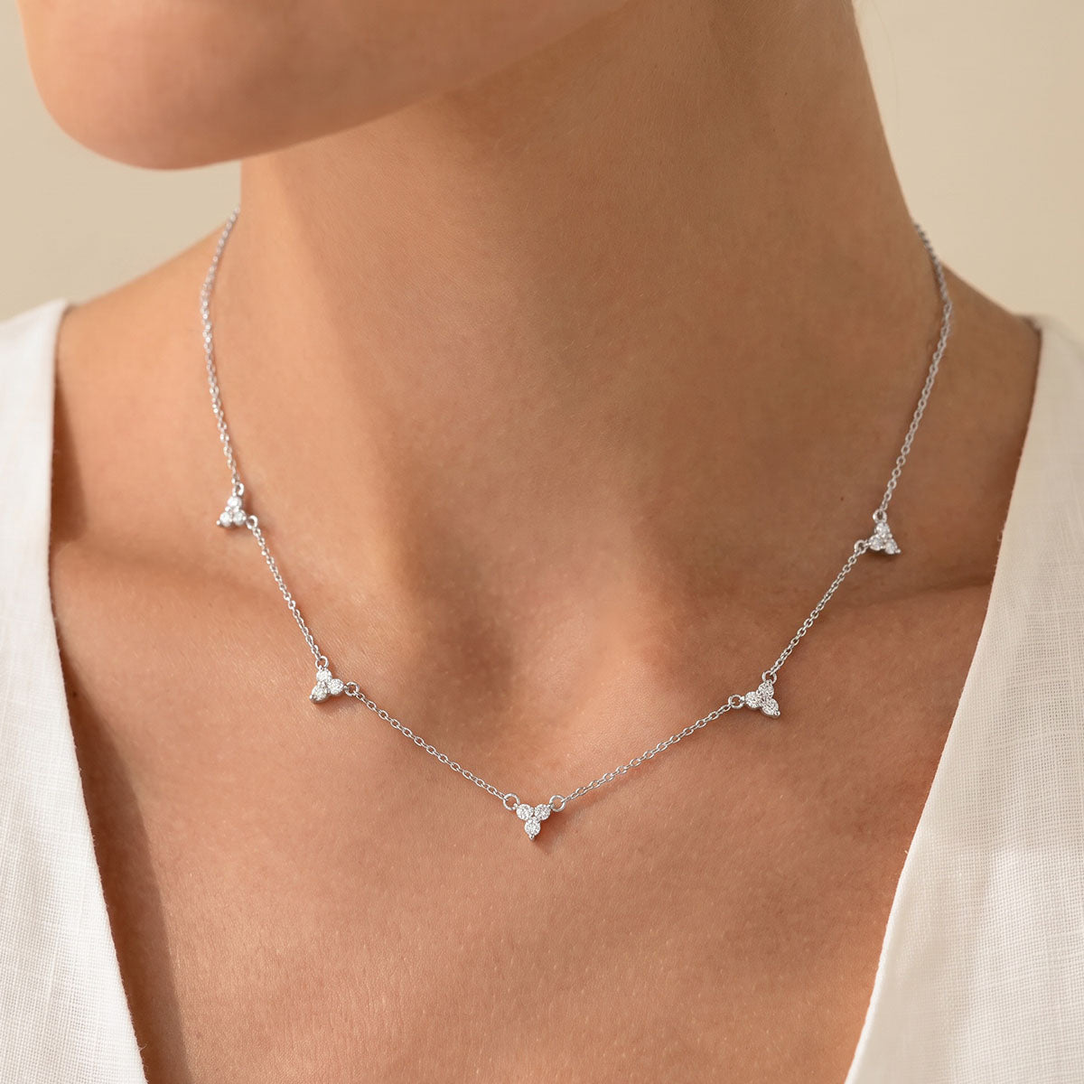 Trio Simulated Diamond Flower Station Necklace - Silver