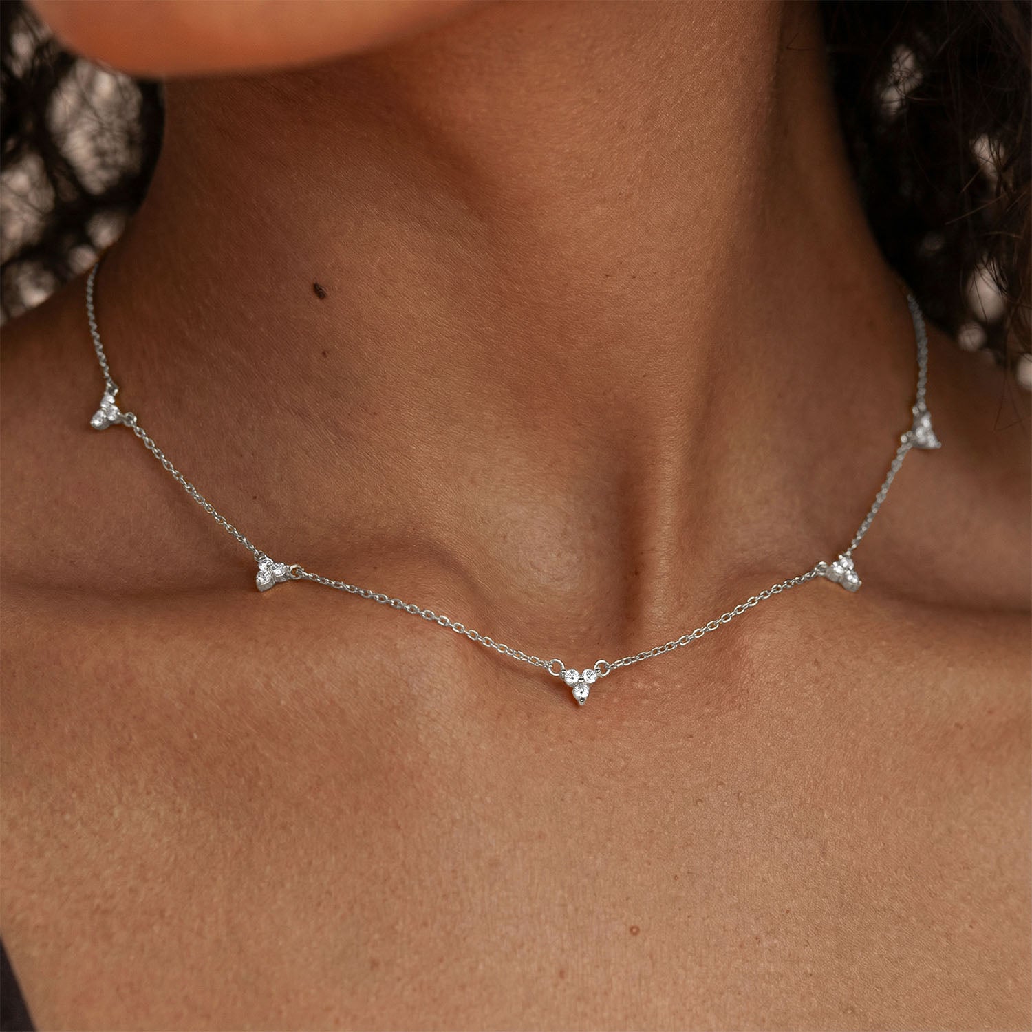 Trio Diamond Flower Station Necklace - Silver