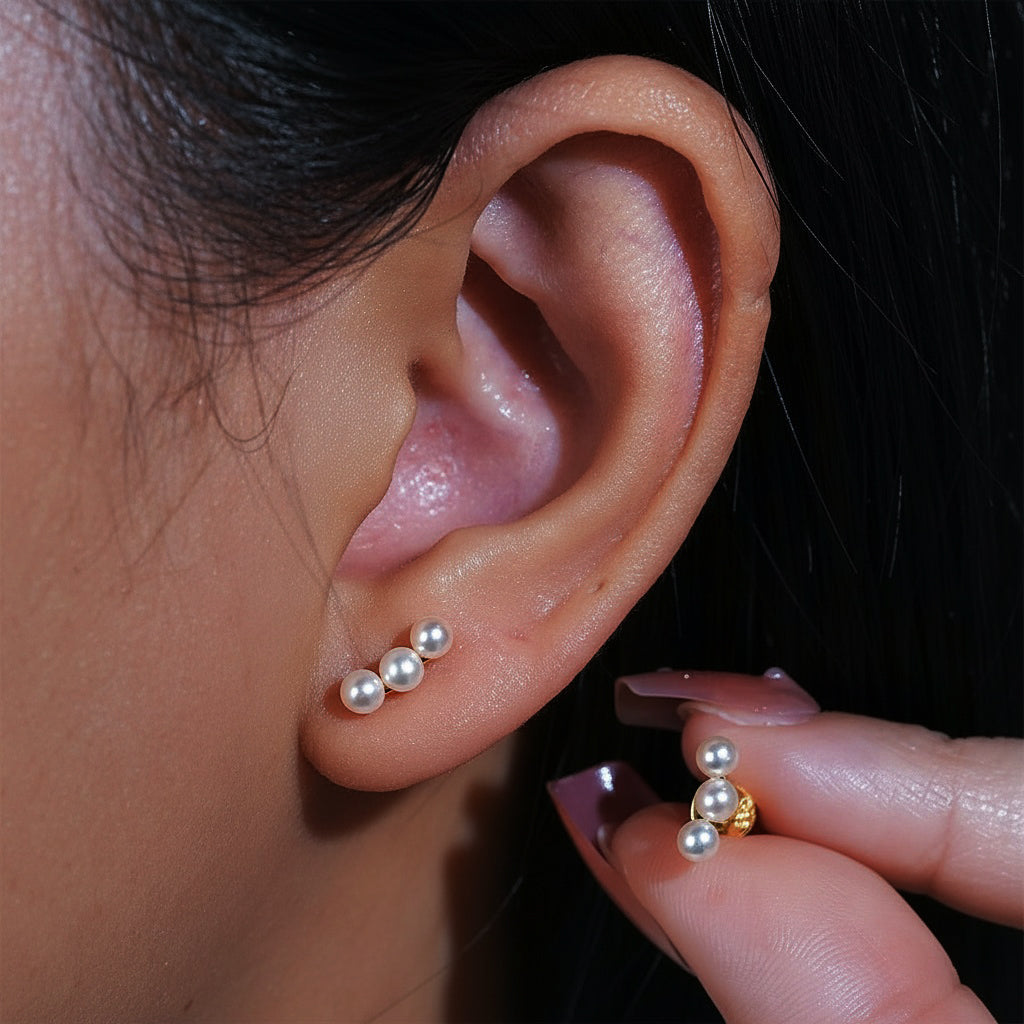 Trio Freshwater Pearl Stud Earrings - Gold