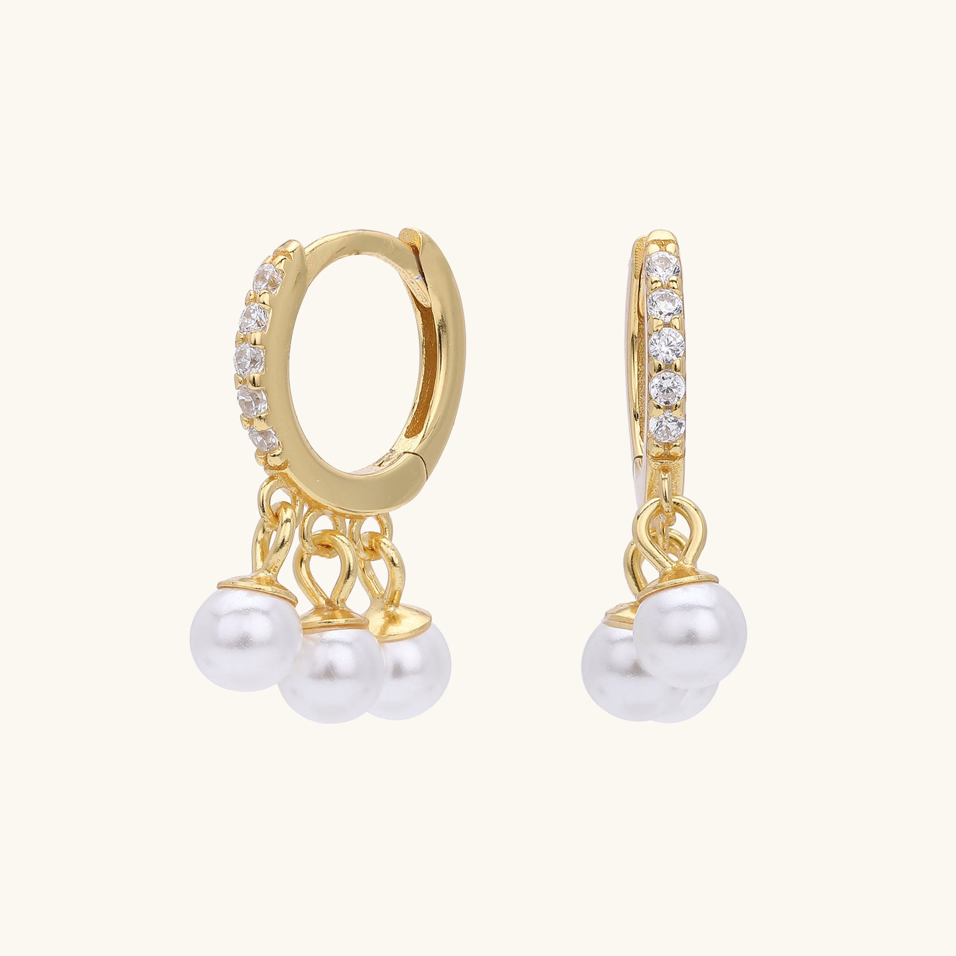 Trio Pearl Drop Huggie Hoop Earrings - Gold