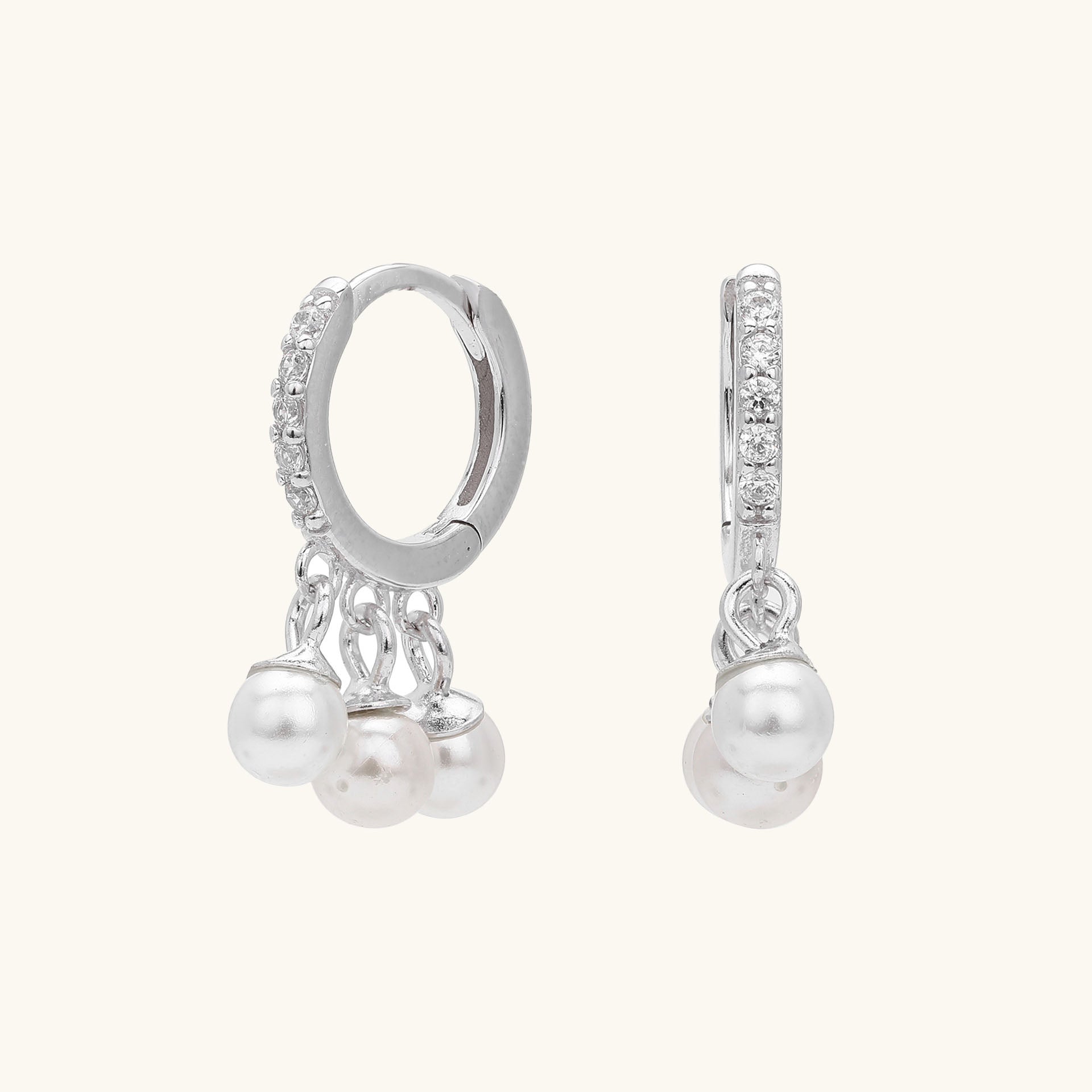 Trio Pearl Drop Huggie Hoop Earrings - Silver