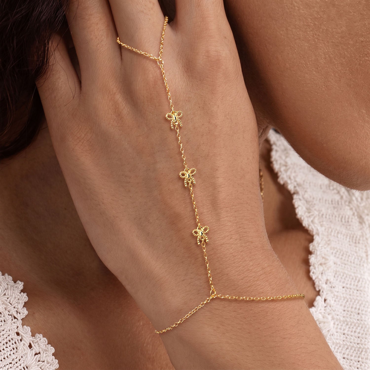 Triple Bowknot Hand Chain Bracelet - Gold