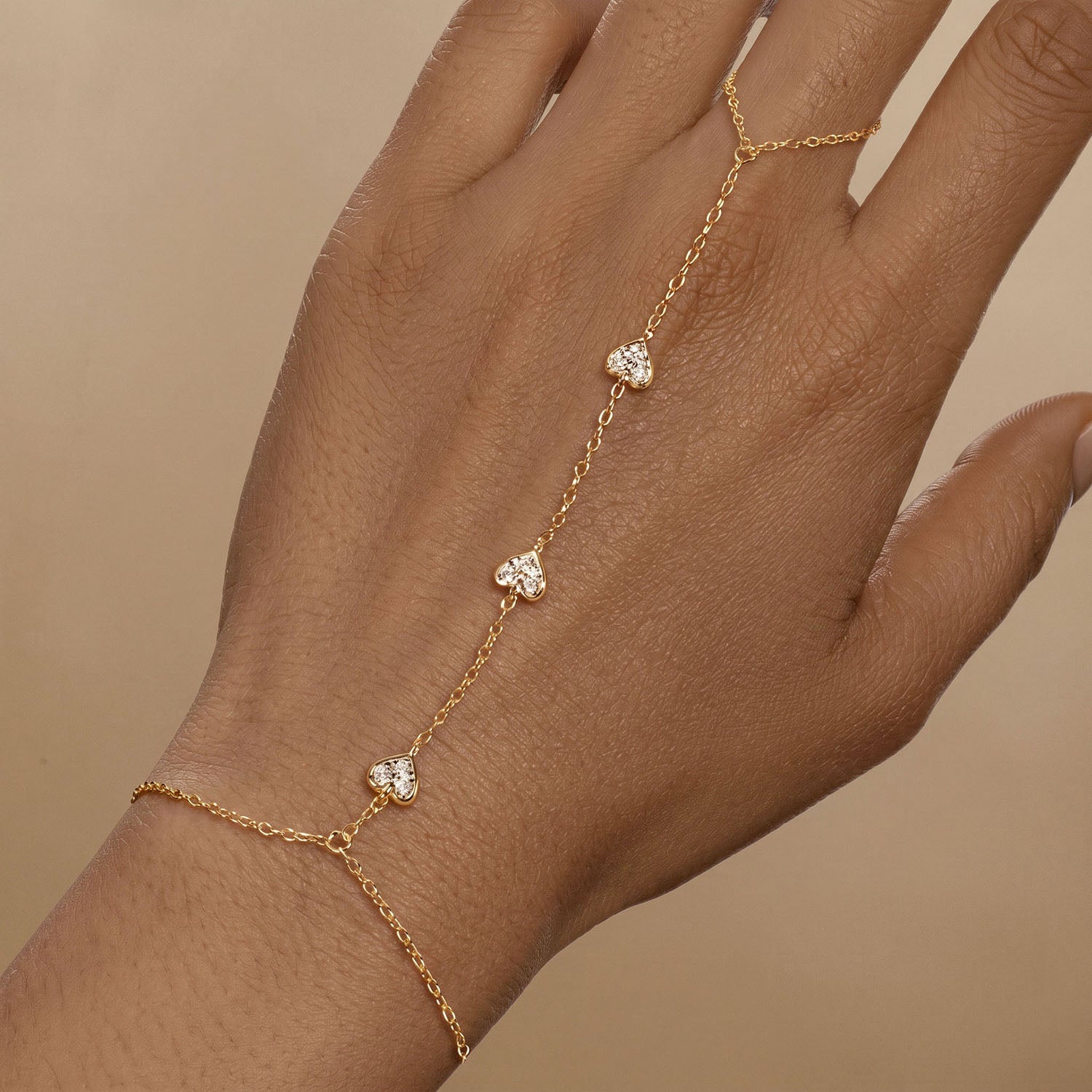 Triple Heart Diamond Hand Chain Bracelet - Gold