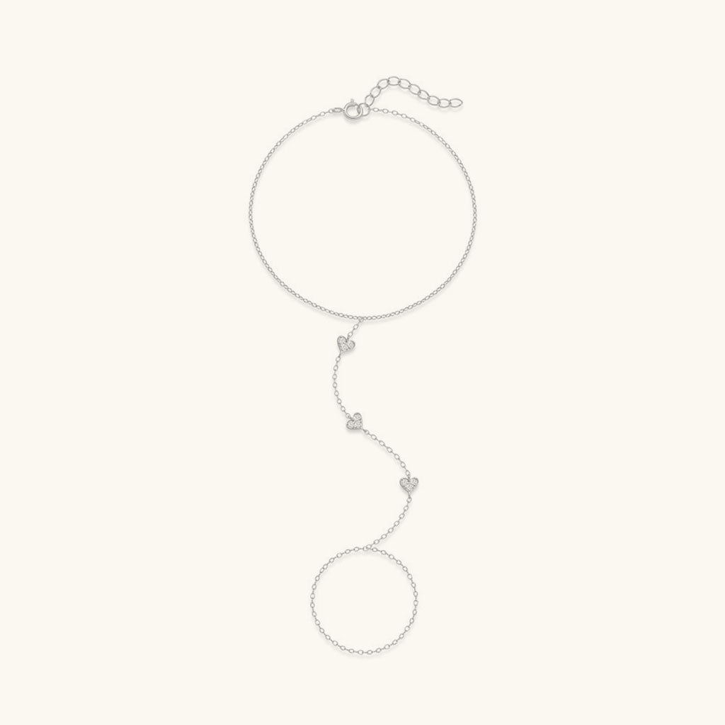Triple Heart Diamond Hand Chain Bracelet - Silver
