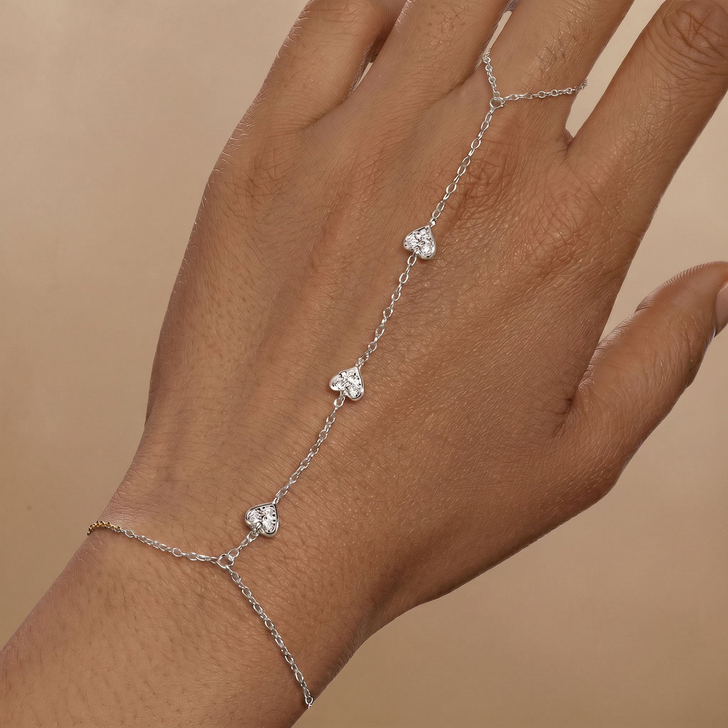 Triple Heart Diamond Hand Chain Bracelet - Silver
