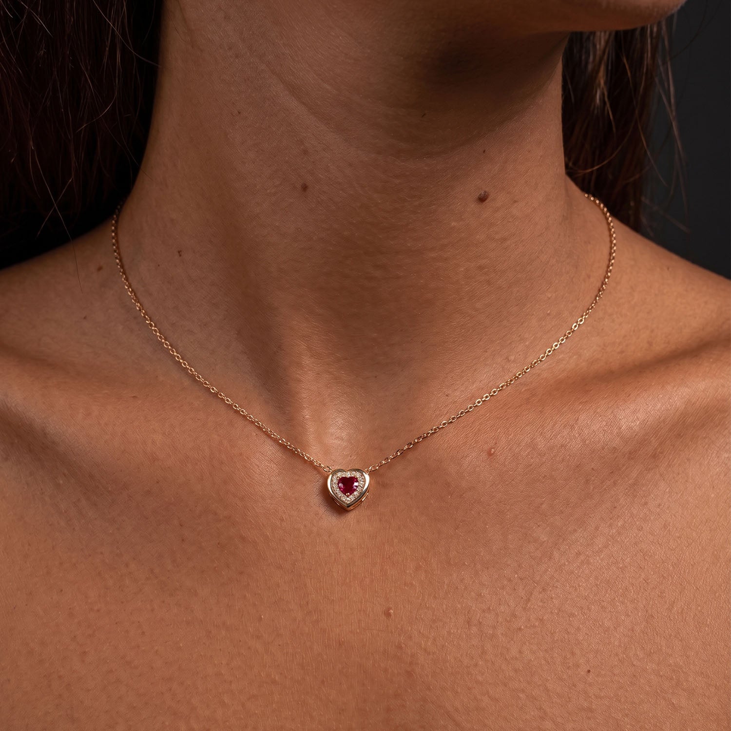 Triple Heart Ruby Halo Pendant Necklace - Gold