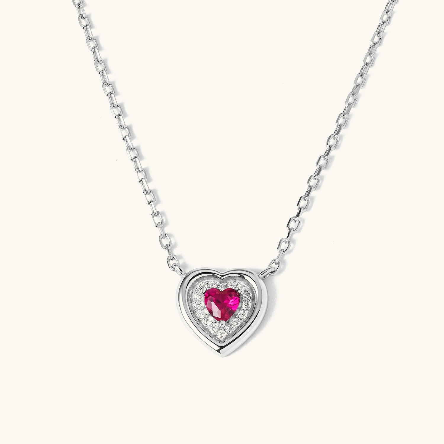 Triple Heart Ruby Halo Pendant Necklace - Silver