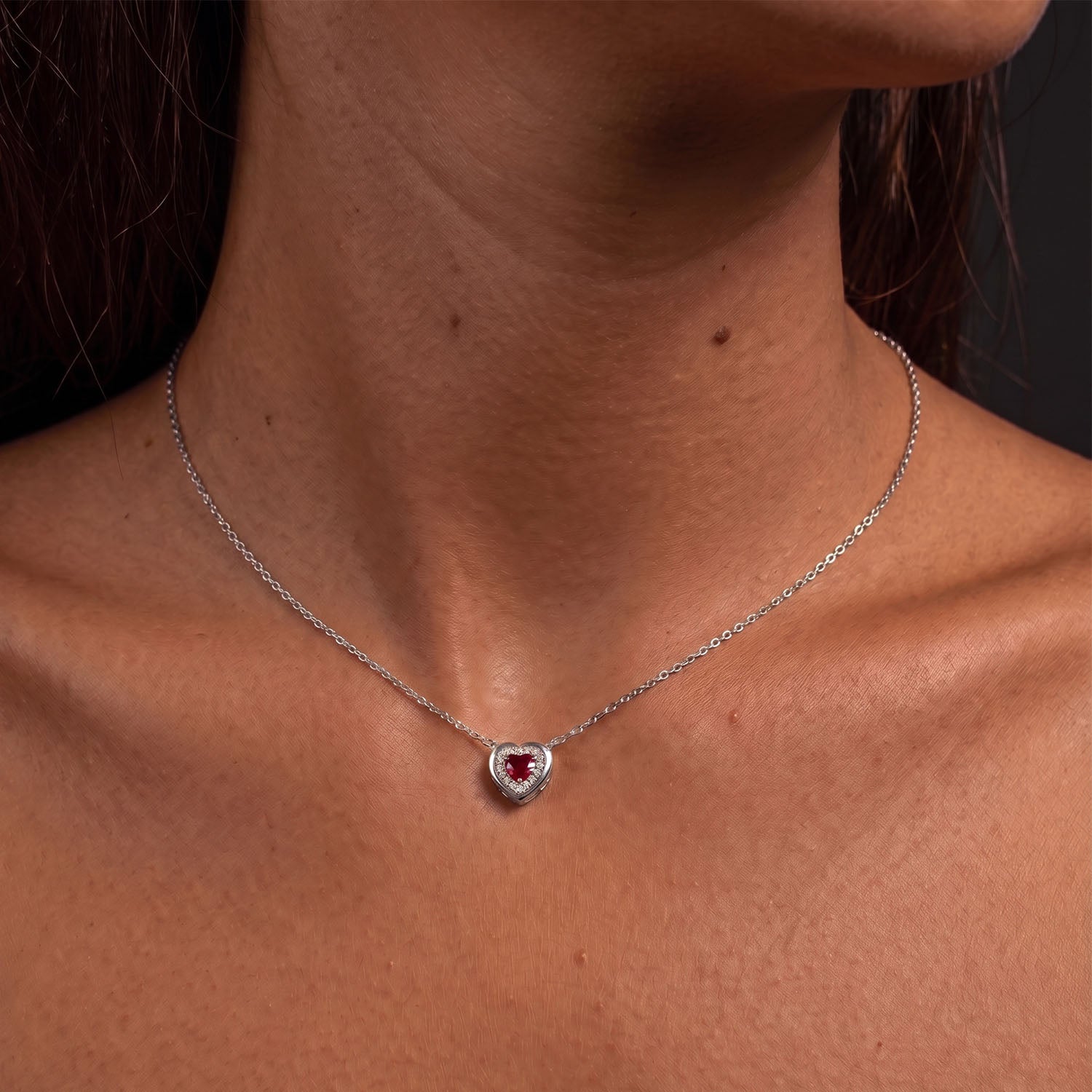 Triple Heart Ruby Halo Pendant Necklace - Silver