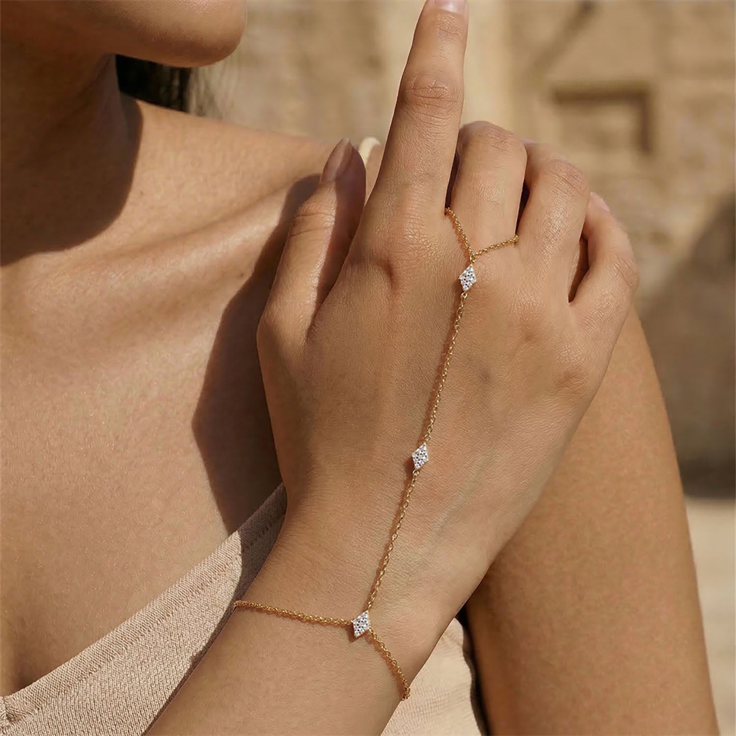 Triple Kite Diamond Hand Chain Bracelet - Gold