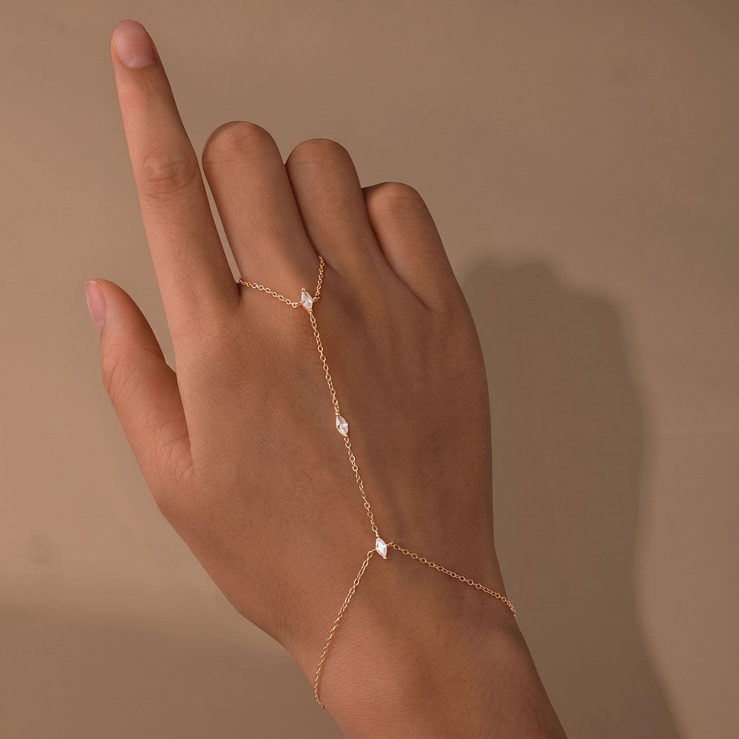 Triple Marquise Diamond Hand Chain Bracelet - Gold