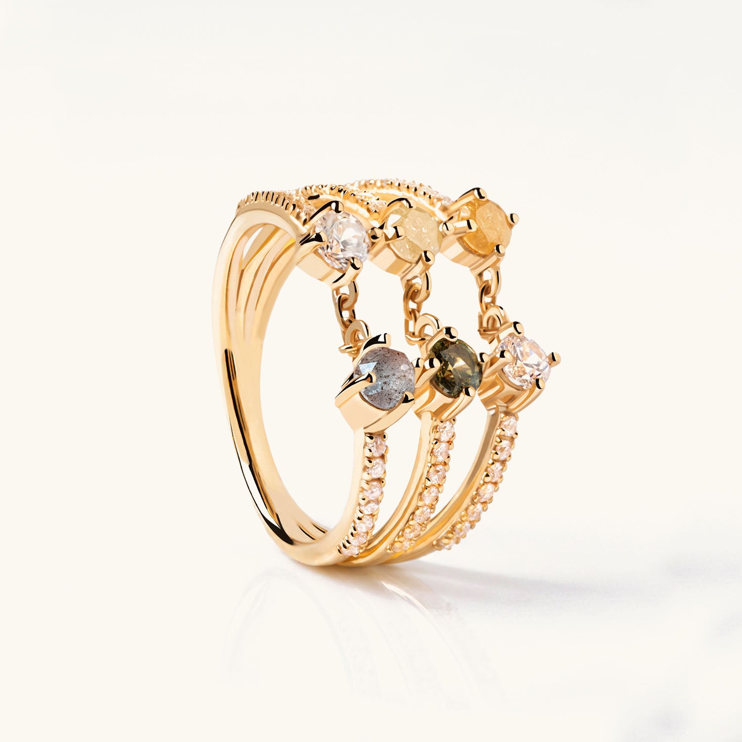 Triple Row Multi Stone Chain Ring - Gold
