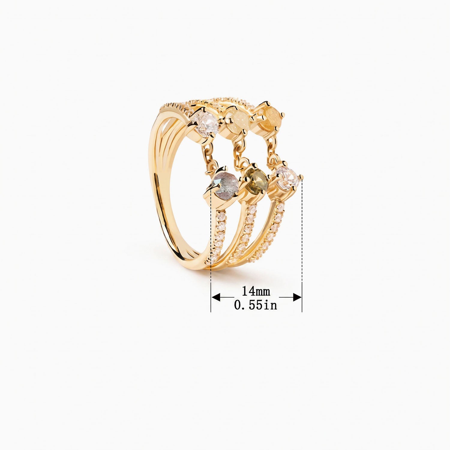 Triple Row Multi Stone Chain Ring - Gold