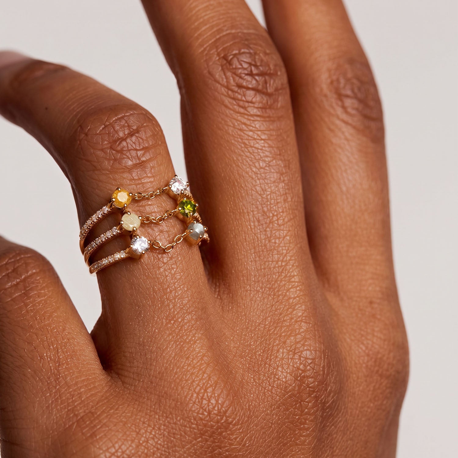 Triple Row Multi Stone Chain Ring - Gold
