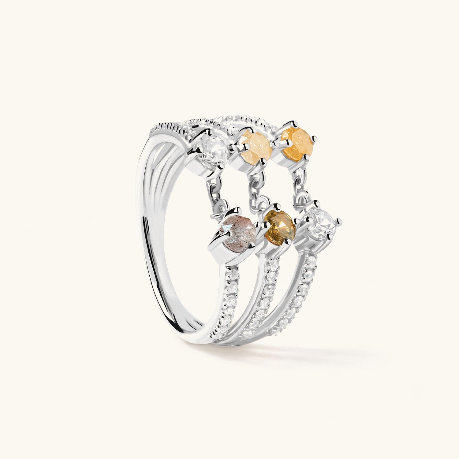Triple Row Multi Stone Chain Ring - Silver