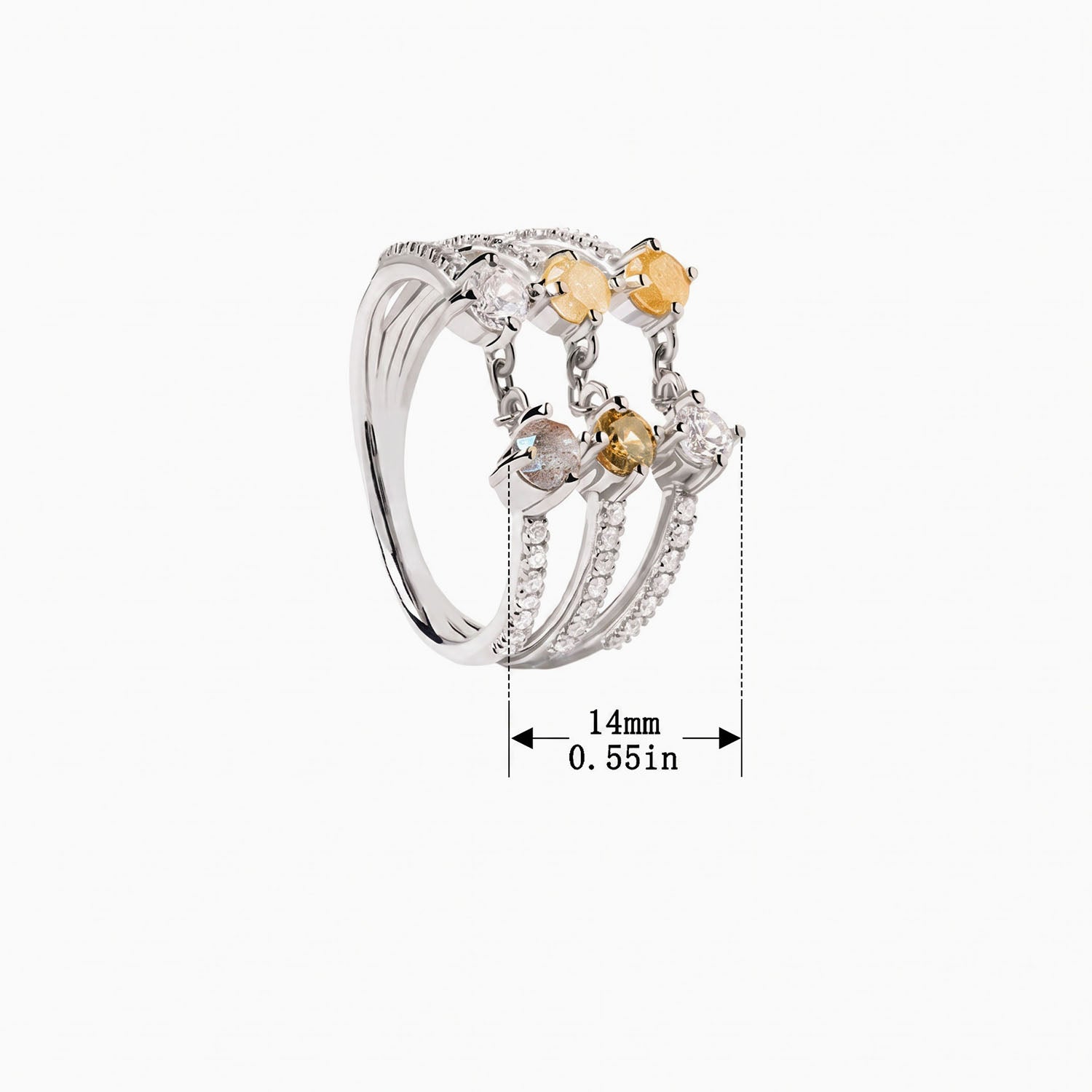 Triple Row Multi Stone Chain Ring - Silver