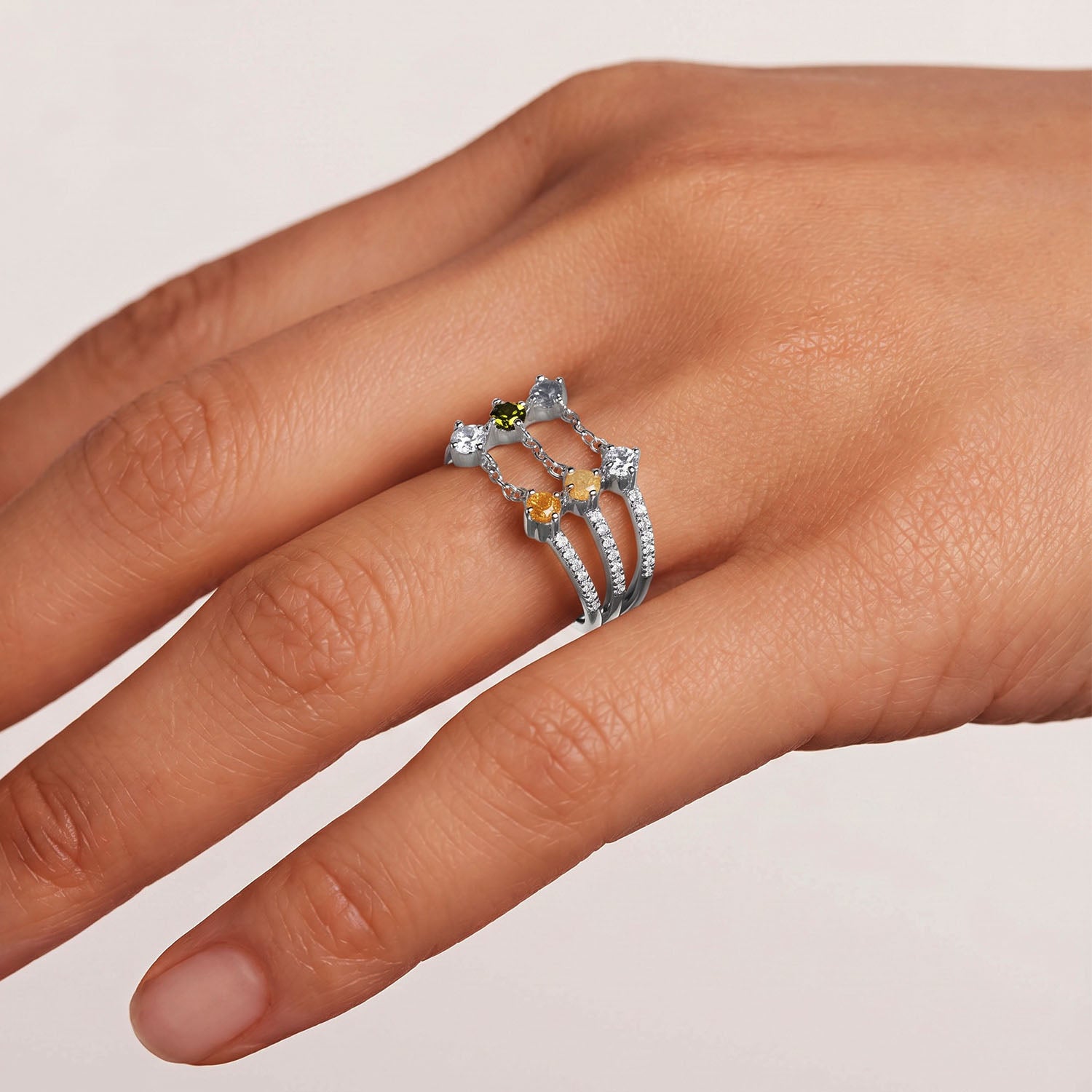 Triple Row Multi Stone Chain Ring - Silver