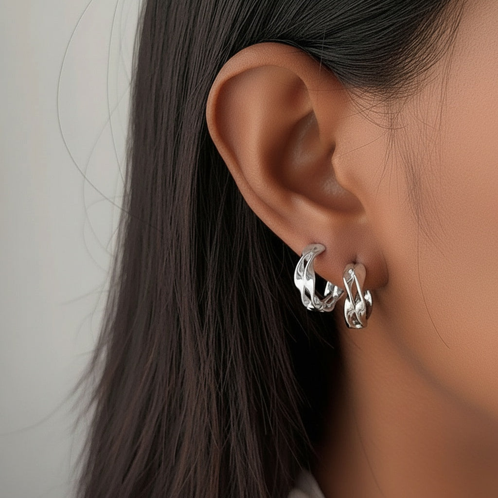 Twisted Mobius Double Hoop Earrings - Silver