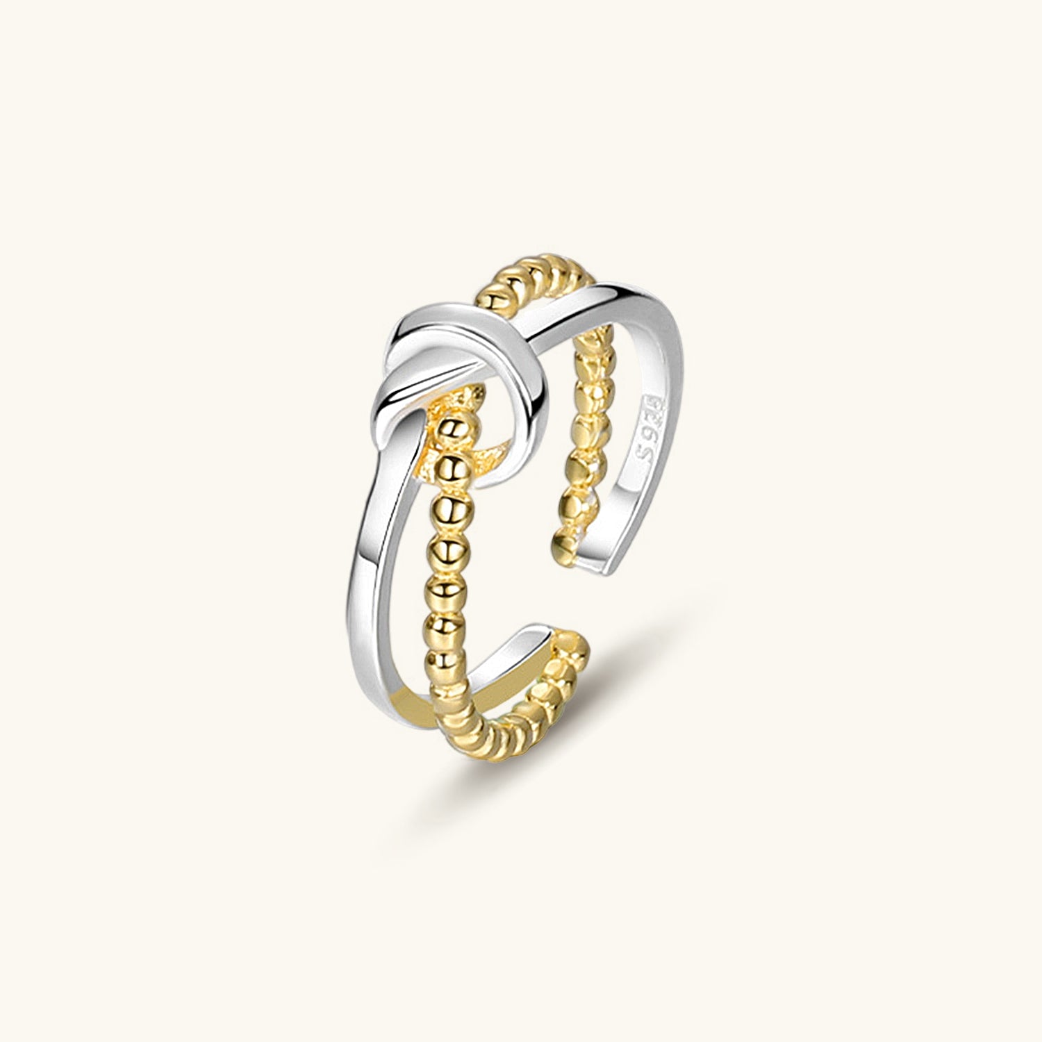 Two Tone Double Band Knot and Beaded Ring - Gold