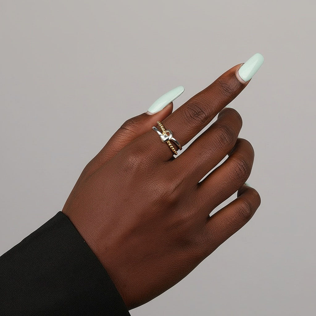 Two Tone Double Band Knot and Beaded Ring - Gold