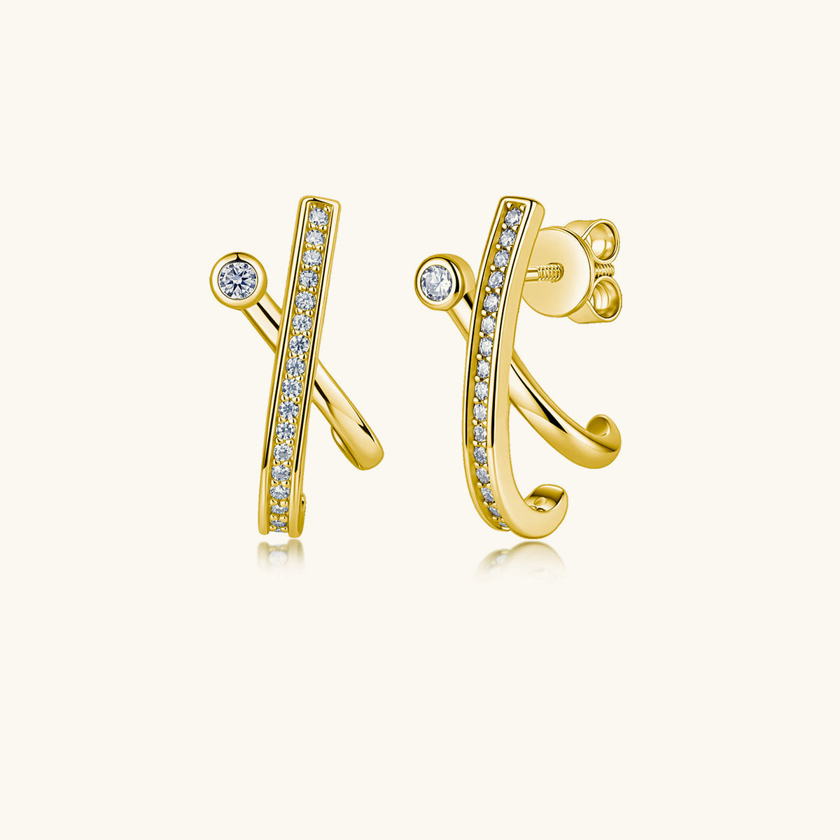 Unique Moissanite Crossover Bar Stud Earrings - Gold