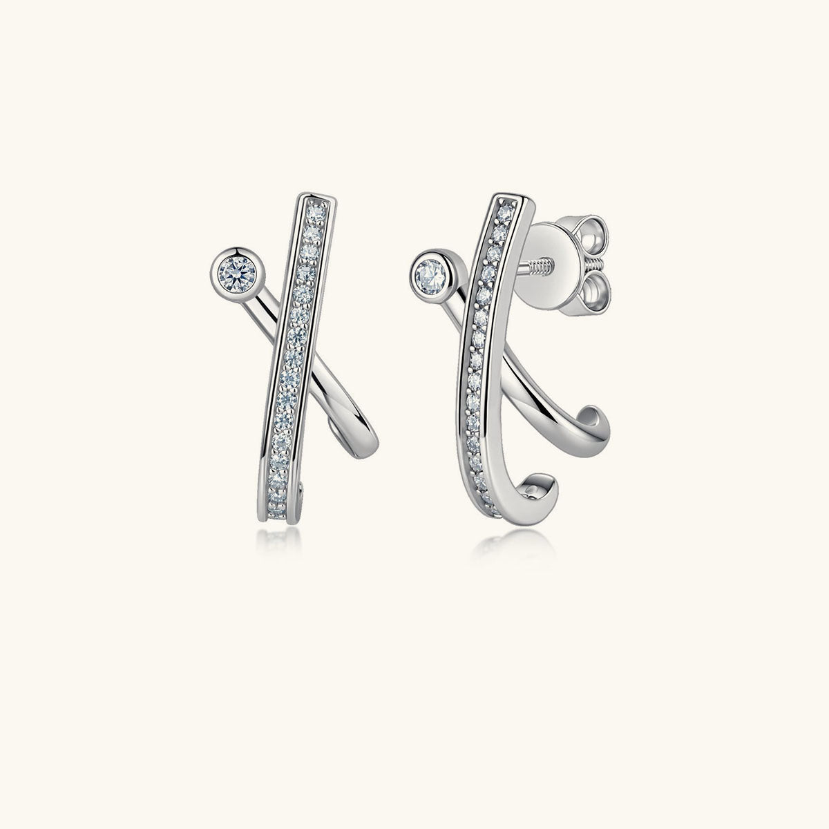 Unique Moissanite Crossover Bar Stud Earrings - Silver