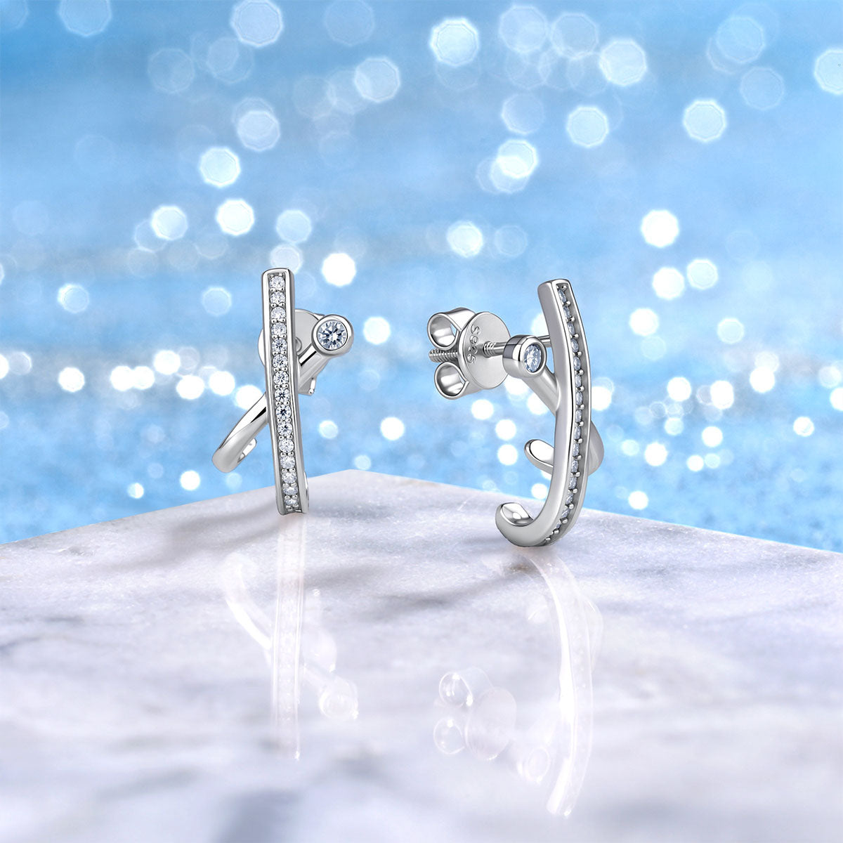 Unique Moissanite Crossover Bar Stud Earrings - Silver