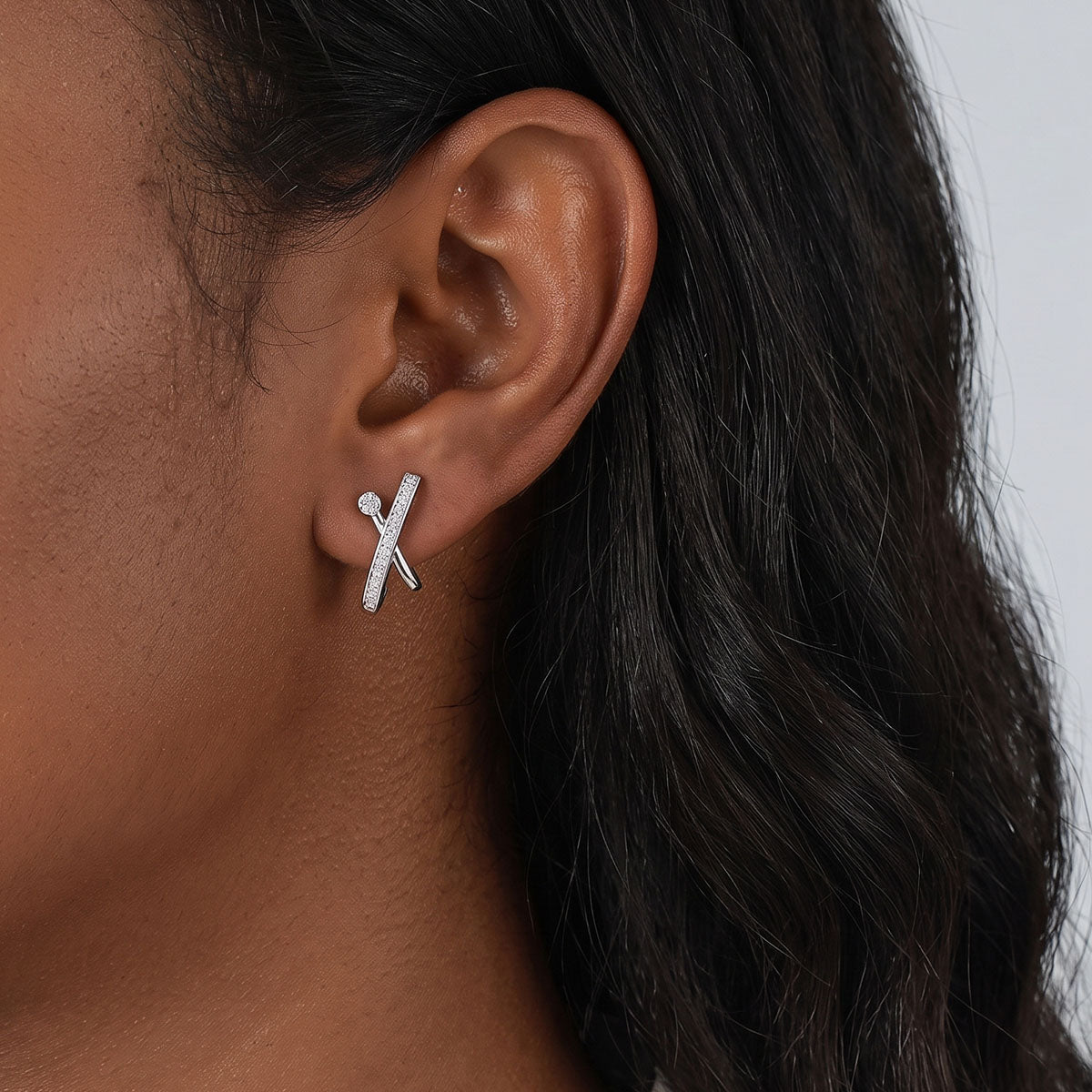 Unique Moissanite Crossover Bar Stud Earrings - Silver