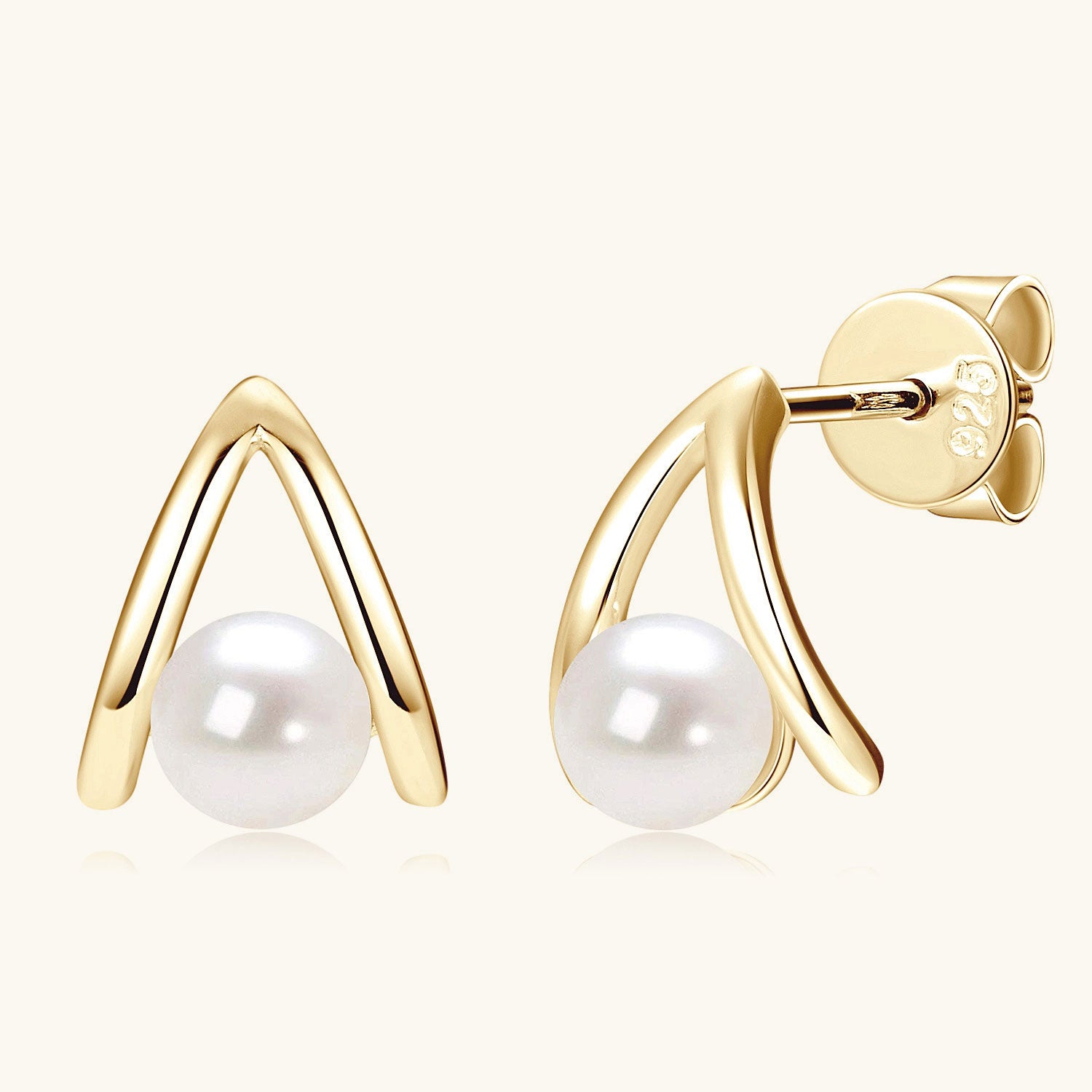 V Shaped Freshwater Pearl Stud Earrings - Gold